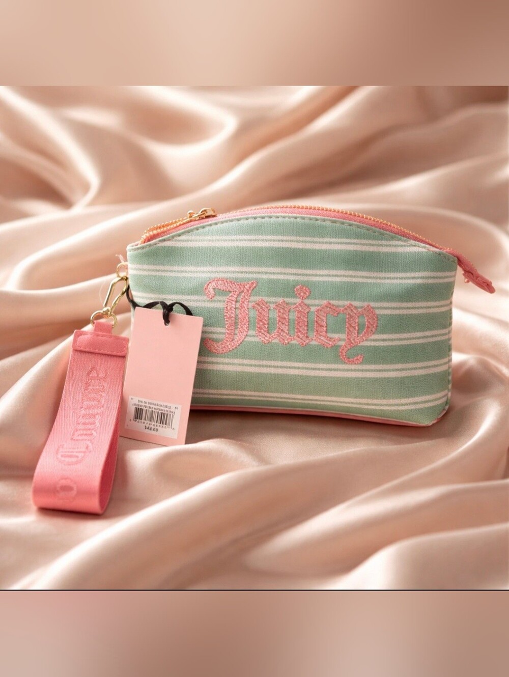Juicy Couture Mint & Pink Striped Cosmetic Case with Pink Wristlet